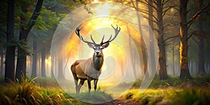 Majestic Deer Stands in Enchanted Forest Clearing at Tranquil Dawn AI-Generated Content photo