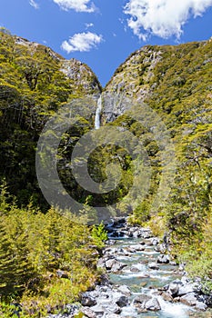 Majestic Devil's Punchbowl Waterfall, Arthur's Pass, Canterbury,