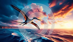 Dimorphodon Gracefully Soaring Over the Ocean with Wings Spread Wide Against a Vibrant Sky photo