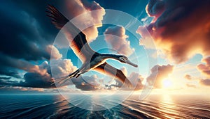 Dimorphodon Gracefully Soaring Over the Ocean with Wings Spread Wide Against a Vibrant Sky photo