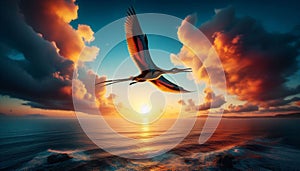 Dimorphodon Gracefully Soaring Over the Ocean with Wings Spread Wide Against a Vibrant Sky photo
