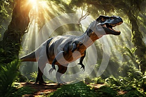 Majestic Dinosaur Dominating the Frame - Crisp Details Outlining the Scales with Soft Focus Vegetation in the Background photo