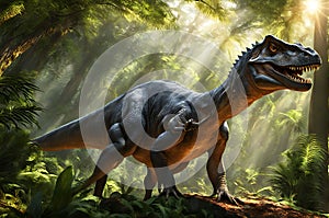 Majestic Dinosaur Dominating the Frame - Crisp Details Outlining the Scales with Soft Focus Vegetation in the Background photo