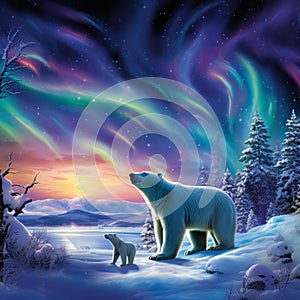 Majestic display of nature's beauty with polar bears and penguins beneath the Arctic Aurora