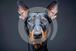 Majestic Doberman Pinscher Portrait with Alert Expression and Dark Background in Studio Setting