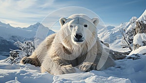 A majestic dog in the arctic, surrounded by snow covered mountains generated by AI