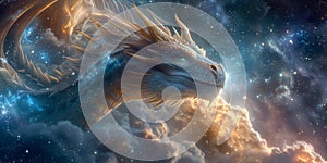 Majestic Dragon Embodies Cosmic Energy, With Celestial Backdrop And Mythical Allure, Copy Space