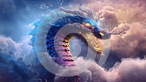 Majestic Dragon Emerging From Mystical Clouds With Vibrant Colorful Scales and Fiery Eyes. photo