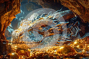 Majestic Dragon Resting in a Treasure Filled Cave, Glowing Eyes and Riches, Fantasy World Beast Illustration