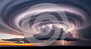 Dramatic Tornado Formation Cloud During Lightning Storm at Sunset