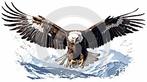 Hyper-realistic Bald Eagle Illustration Soaring Above Snowy Mountains photo