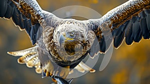Majestic Eagle In Flight With Fierce Gaze And Spread Wings Against A Blurred Autumn Background