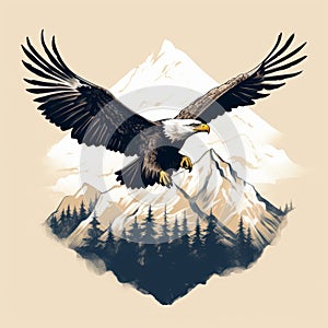 Majestic Eagle Flying Over Mountain Range Vintage T-shirt Design