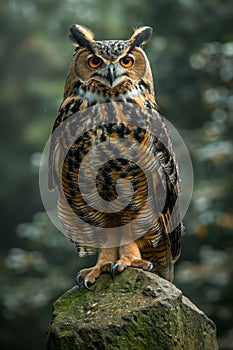 Majestic Eagle Owl Perched on Rock in Natural Habitat with Intense Gaze and Detail of Feather Textures