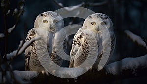 The majestic eagle owl perches on snowy branch, staring fiercely generated by AI