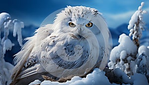 Majestic eagle owl perching on snowy branch, staring with wisdom generated by AI