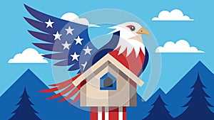 A majestic eagle proudly guarding a patriotic themed birdhouse symbolizing the strength and resilience of the nation
