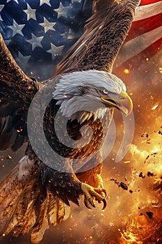 Majestic eagle soaring against a backdrop of the American flag and exploding flames in an impactful display of photo