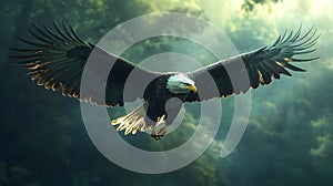 Majestic eagle soaring through a misty forest photo