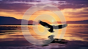 Majestic Eagle Soaring Over Calm Waters at Sunset