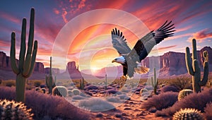 Majestic Bald Eagle Soaring Over Sunset Desert Landscape
