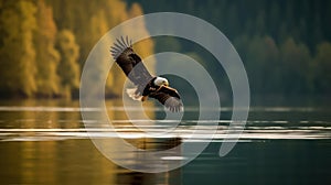 A majestic eagle soaring over a lake scouting for prey created with Generative AI