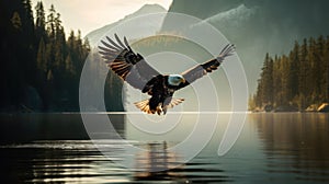 A majestic eagle soaring over a lake scouting for prey created with Generative AI