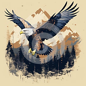 Majestic Eagle Soaring Over Mountain Range Vintage T-shirt Design