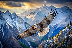 Majestic Eagle Soaring Over Snowy Mountains at Sunrise
