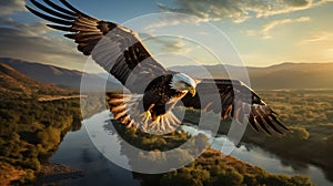 Majestic Eagle Soaring Over Sunlit River Valley. Generative ai