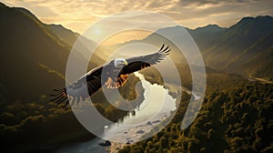 Majestic Eagle Soaring Over Sunlit River Valley. Generative ai