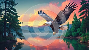 Majestic Bald Eagle Soaring Over Serene Lake at Sunrise