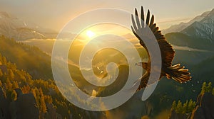 Majestic eagle soaring at sunrise in mountain landscape. Wildlife freedom concept. Nature photography for posters