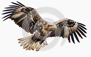 Majestic eagle soaring with wings fully spread, detailed feather patterns visible against a light backdrop.