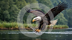 A majestic eagle swoops down to catch fish in a serene river setting