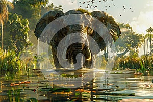 Majestic Elephant Approaching Through a Serene Waterbody with Sunlight Filtering Through Trees