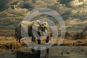 A majestic elephant by a body of water, possibly drinking or bathing, A regal elephant drinking from a watering hole