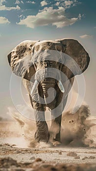 Majestic elephant charging in a dust cloud