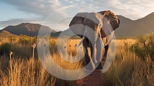 Majestic Elephant Family in Golden Hour Grassland