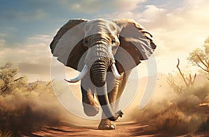 Majestic Elephant Leading in Misty Savannah