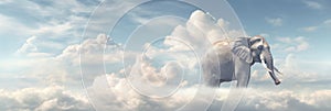 Majestic Elephant Walking Above Clouds, Surreal Fantastical Artwork Of Elephant On Cloudscape Horizon. Generative AI