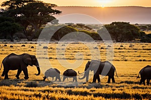 Majestic Elephants Silhouette During Sunset .AI Generated