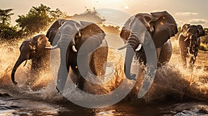 Majestic Elephants Splashing in African Savannah