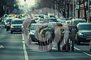 Majestic Elephants Walking Down the Urban Street at Dusk with Cars Lined Up Behind A Surreal Cityscape Encounter in Twilight