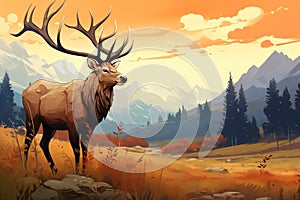 A majestic elk standing amidst the golden grass of a meadow vector fall background