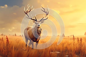 A majestic elk standing amidst the golden grass of a meadow vector fall background