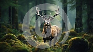 Majestic elk standing in beautiful blurred forest with ample space for adding text or graphics