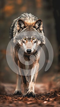 Majestic Encounter: A Sideways Glance at the Primeval Duality of a Golden-Eyed Wolf Walking in the Woods