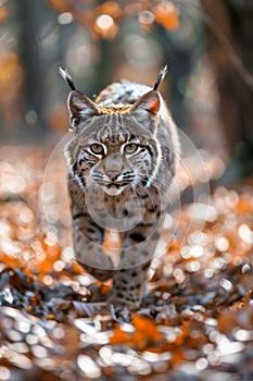 Majestic Eurasian Lynx Walking Forward in Autumn Forest with Fallen Leaves and Warm Sunlight
