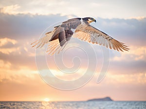 majestic falcon gracefully soars above the tranquil ocean